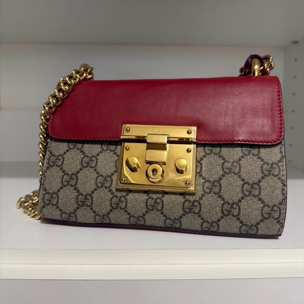 Gucci Red and Pink Leather and GG Canvas Shoulder Bag
